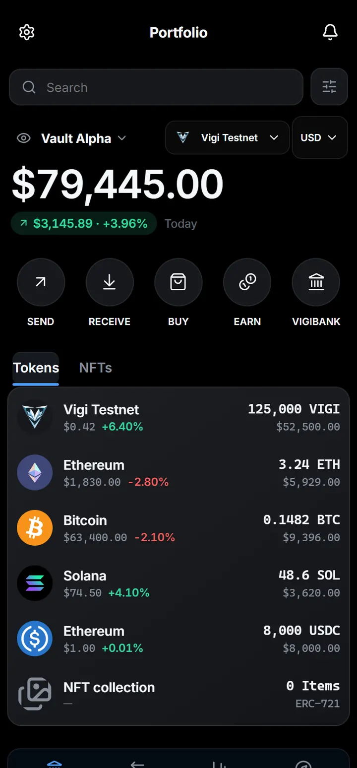 Every chain in one view: native VigiChain, EVM, Bitcoin and Solana, with the vault and network chosen explicitly.