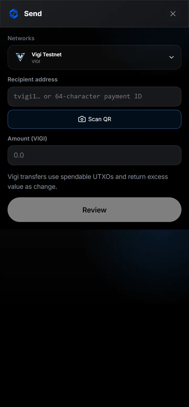 A native transfer states what it spends: spendable UTXOs in, change back, fee visible before anything is signed.