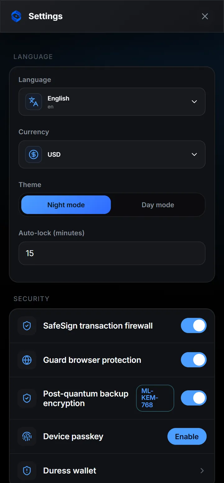 The SafeSign transaction firewall, auto-lock and theme live in the wallet's own settings, not in a remote profile.