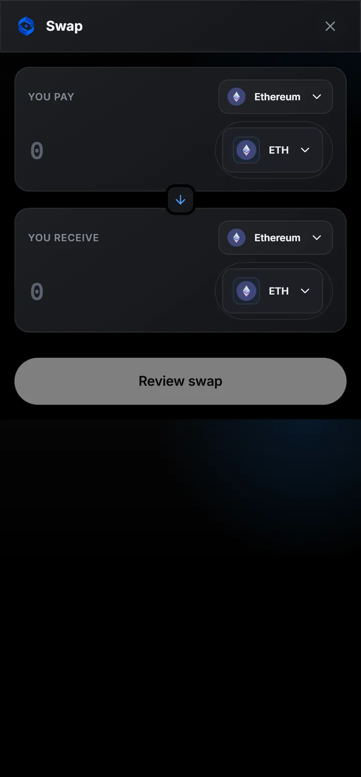 A swap route is reviewed as a route: what you pay, what you receive, and a confirmation step before signing.